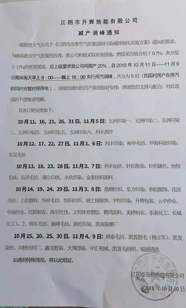 10月11日-11月9日，江阴40多家印染企业限产！