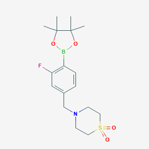 4-{[3-fluoro-4-(4,4,5,5-tetramethyl-1,3,2-dioxaborolan-2-yl)phenyl]methyl}-1-thiomorpholine-1,1-dione图片