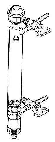 Filter funnel with drip-tip and two side-arms each equipped with a glass stopcock