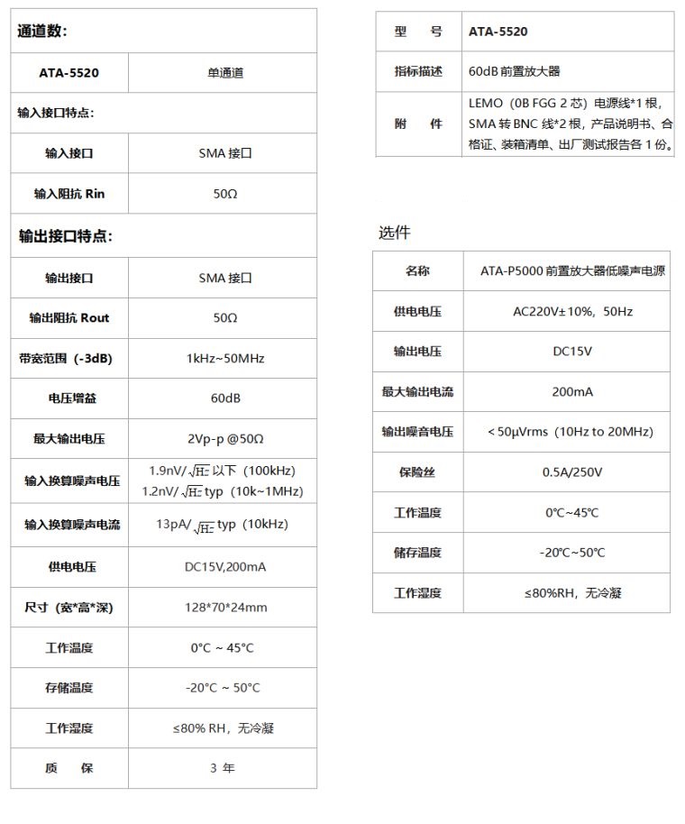 ATA-5520前置微小信号放大器规格参数