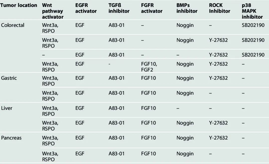 表1：部分PDTO培养体系的主要组分（源自文献：doi: 10.1038/s12276-024-01272-5）