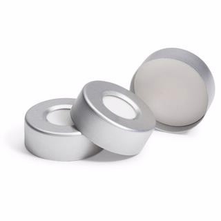瓶盖/隔垫,钳口,顶空,20 mm,银色铝质瓶盖,蓝色PTFE/白色硅橡胶隔垫,经认证,100/包图片