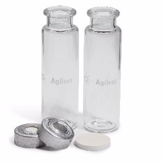 Vial kit, crimp top, headspace, clear, 20 mL, silver aluminum caps with safety feature, certified, flat bottom, molded PTFE/silicone septa, 100/pk图片