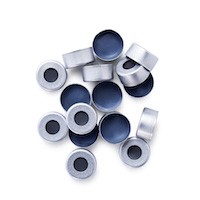 Caps/septa, crimp, silver aluminum, 11 mm, PTFE/butyl septa, 100/pk图片